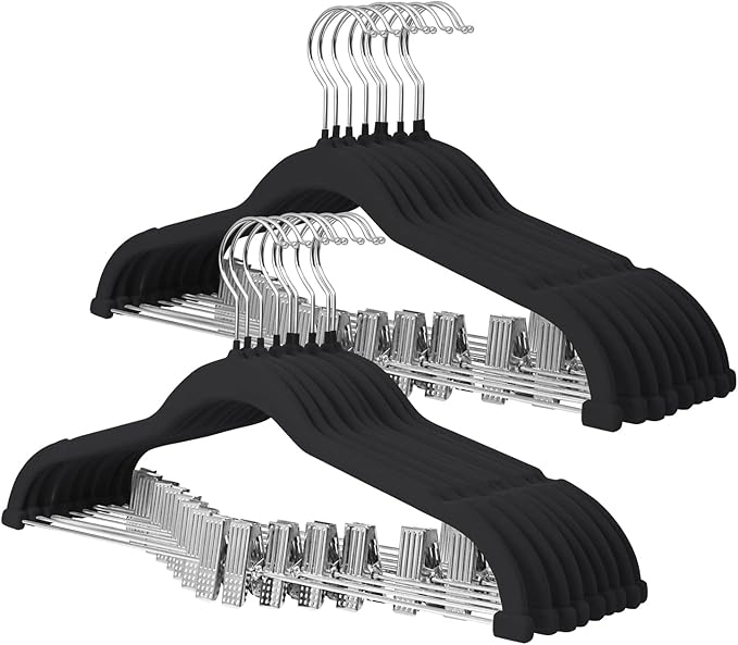 ManGotree Pants Hangers with Movable Clips, Non-Slip Velvet Skirt Hangers, Space-Saving Clothes Hangers for Pants, Skirts, Shirts, Coats, Dresses (18 Pack, Black)