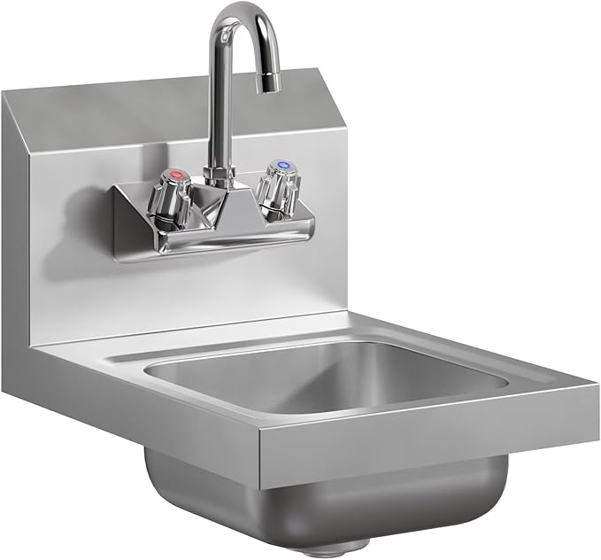 AmGood Stainless Steel Wall Mount Hand Sink 12" x 16" | NSF Commercial Hand Washing Basin with Faucet For Restaurant, Kitchen and Home | Bowl Size: 9" x 9"