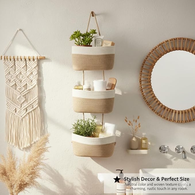 Britwicfr Hanging Wall Basket, Over the Door Hanging Basket with Hooks, 3-Tier Cotton Hanging Basket for Organizing, Decorative Boho Chic Decor for Wall, Bedroom, Living Room, Nursery, Whte & Jute