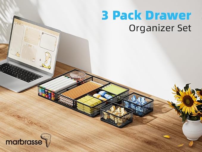 Marbrasse 3 Pack Desk Drawer Organizers with 9 Adjustable Compartments for Makeup, Office Supplies & Accessories (Black)
