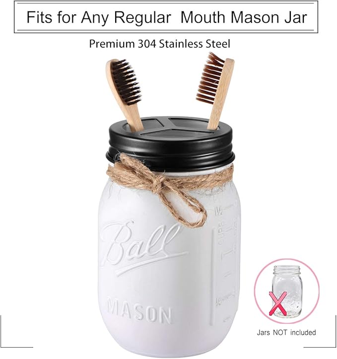 Mason Jar Bathroom Accessories Set(4pcs)- Jars Not Included - Foaming Soap Dispenser,Toothbrush Holder, and Apothecary Storage Jars Lids -Rustic Farmhouse Decor,Black