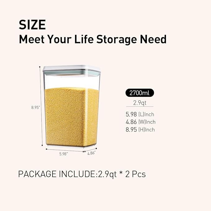 EQI Food Storage Containers with Lids,2.9Qt 2Pcs Airtight Pop Food Storage Containers, BPA-Free Stackable Kitchen Pantry Organizers and Storage, One Button Opening Flour and Sugar Container Sets