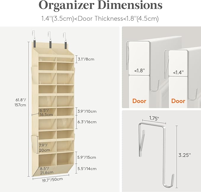 Lifewit 1 Pack Over the Door Organizer, Clear Window Hanging Storage with 4 Mesh Side Pockets, Anti Tilt 40 lbs Load Behind Door for Pantry, Nursery, Bathroom, Bedroom, Dorm, 12 Section, Beige