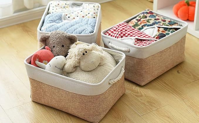 Sacyic Fabric Storage Baskets - Rectangular Baskets for Organizing Fabric, Shelves & Decorative Use (White & Khaki)