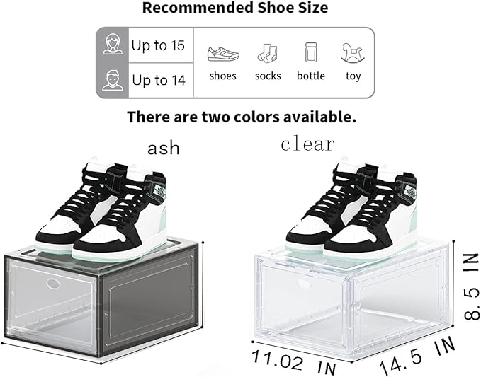 US 15 Clear Entryway Shoe Storage Boxes Stackable XXL, 8 Pack Clear Shoe Boxes Stackable for Closet, Drop Front Large Plastic Shoe Containers Collecting Sneakers.