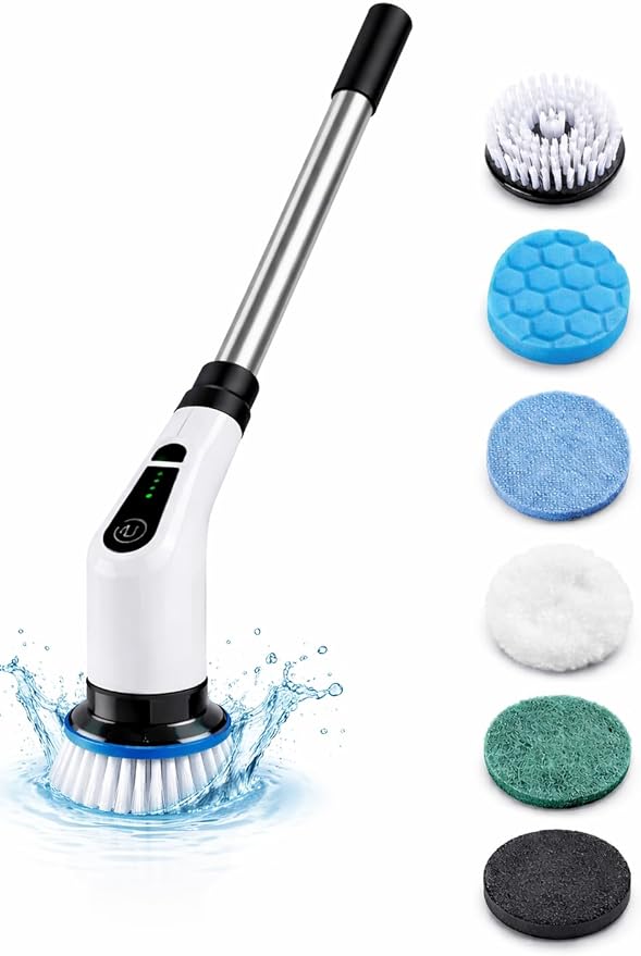 Electric Spin Scrubber, Cordless Cleaning Brush Scrubber for Home, 6 Replaceable Brush Heads-90Mins Work Time, 2 Speeds for Bathroom Shower Bathtub Glass Car
