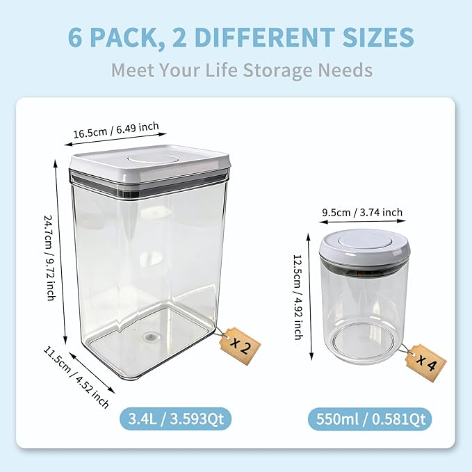 Airtight Pop Top Food Storage Container Sets with Lids 6Pcs Round Rectangle Pop Containers for Kitchen Pantry Organization BPA-Free Stackable Kitchen Storage for Cereal Flour Sugar 0.6qt *4, 3.6qt *2