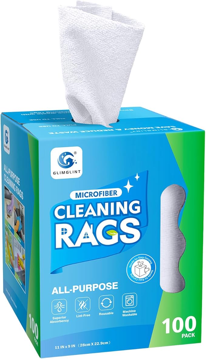 GLIMGLINT White Microfiber Cleaning Cloth, 100 Pack Cleaning Rags, Lint-Free, Ultra Absorbent Reusable Paper Towels for Home, Kitchen, Car, Garage or Shop, Dish Rags, 11" x 9"