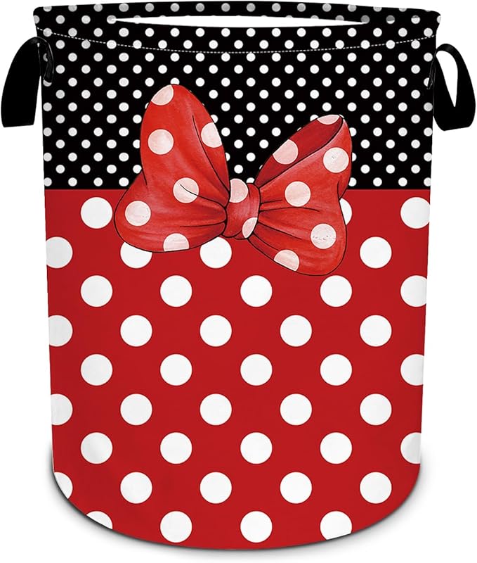 Black Red Polka Dot Laundry Basket, Cute Bow Tie Laundry Hamper Foldable Waterproof Funny Tote Bag Dirty Clothes Storage Bucket Toy Organizer for Bathroom/Laundry/Bedroom 15.7"x19.6"