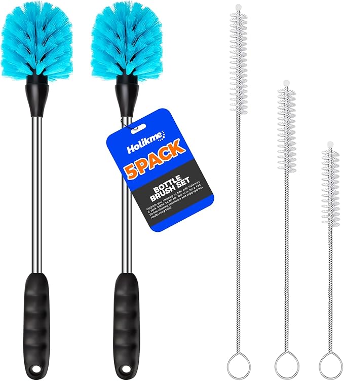 Holikme 5 Pack Bottle Brush Cleaner Set, 14" Long Handle Stainless Steel Bottle Cleaner Brush, 3 Straw Brushes, Bottle Cleaning Brush for Water Bottle, Cups, Baby Bottle, Straws Blue