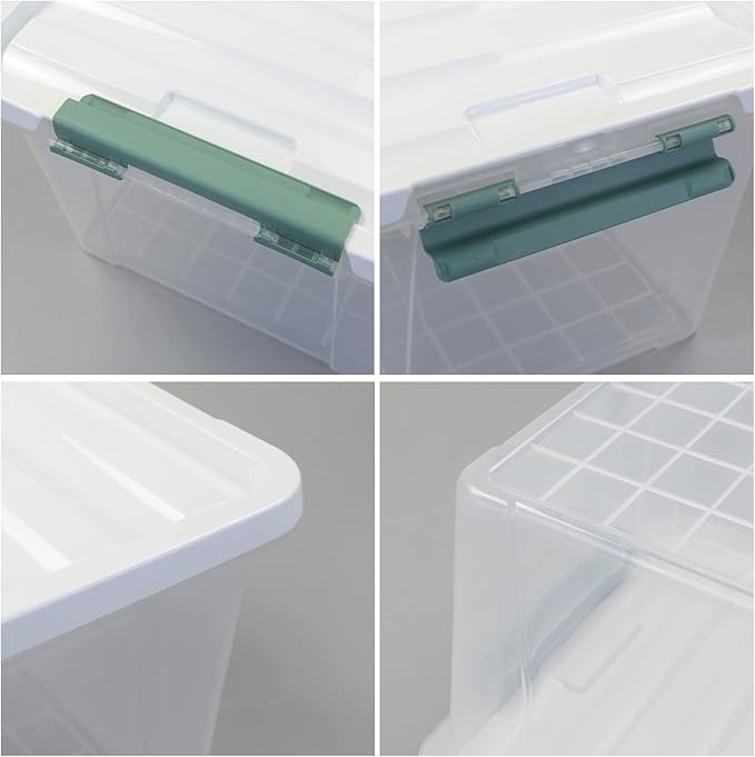 Parlynies 4-Pack Latching Lid Box, Large Clear Plastic Storage Bins, 35 Quart, Green Latch, Stackable Container Boxes for Home, Bathroom, Kitchen and Office Organization