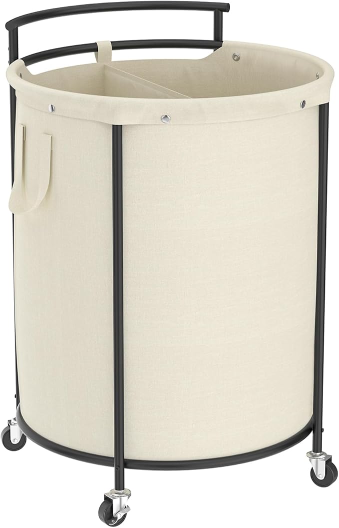 Chrislley 200L Laundry Basket with Wheels,2 section Rolling Laundry Hamper with Removable Bag,Round Laundry Cart with Steel Frame and Handle,Large Dirty Clothes Hamper for Laundry Room,Bedroom(Beige)