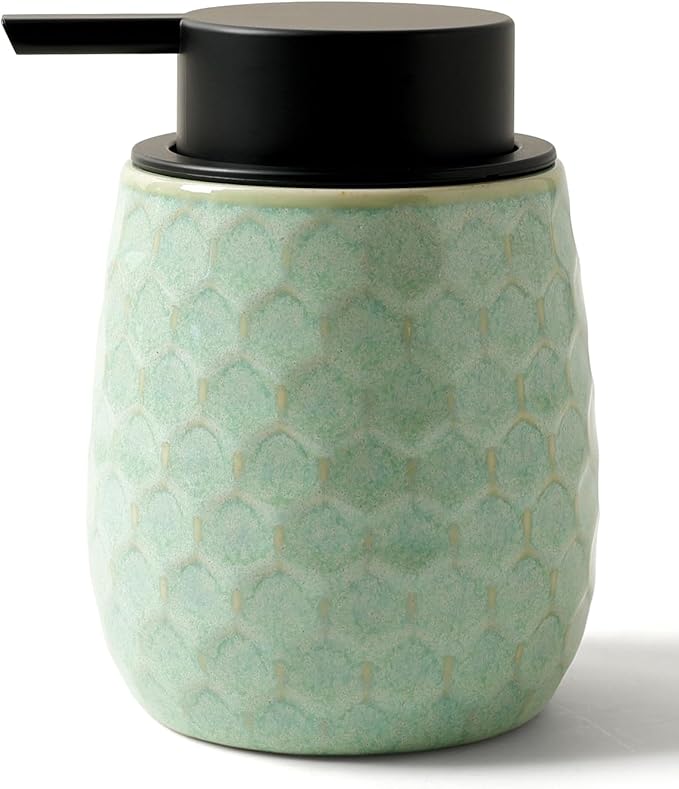 Soap Dispenser, 12 OZ Ceramic Liquid Hand Soap Dispenser with Honeycomb Design for Kitchen or Bathroom, Refillable Dish Lotion Dispenser, Green, ANTIS'S HOME