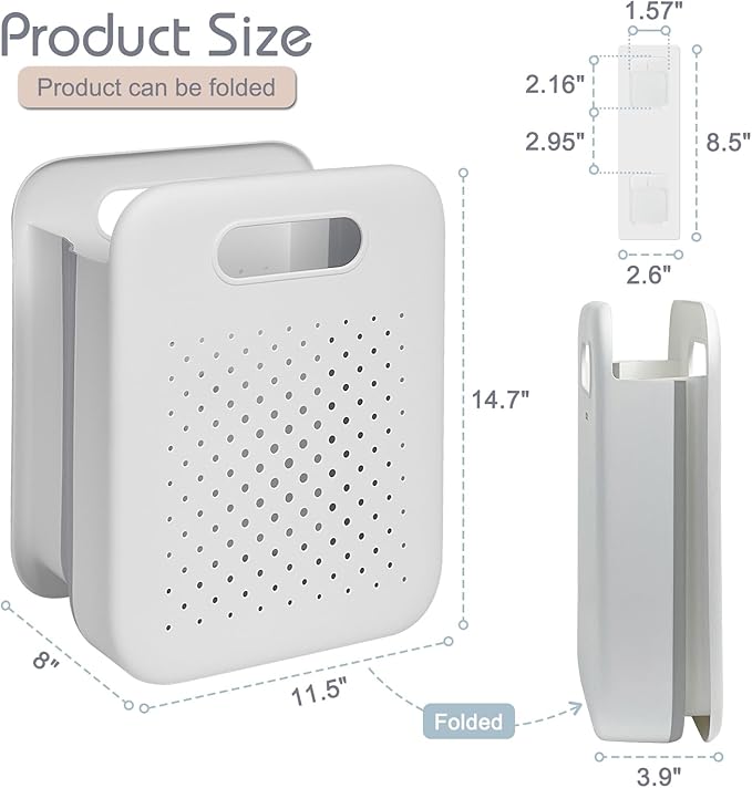 Collapsible Laundry Basket, Space-Saving Wall-Mounted Hamper, Detachable Hanging Organizer for Home, Dorms, RVs, Measures 11.8" x 8" x 14.7" In (White)