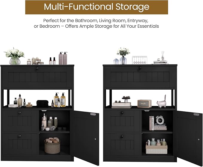Storage Cabinet, Modern Bathroom Floor Storage Cabinet Organizer with 1 Door and 3 Drawers, Freestanding Cupboard for Kitchen/Living Room Use