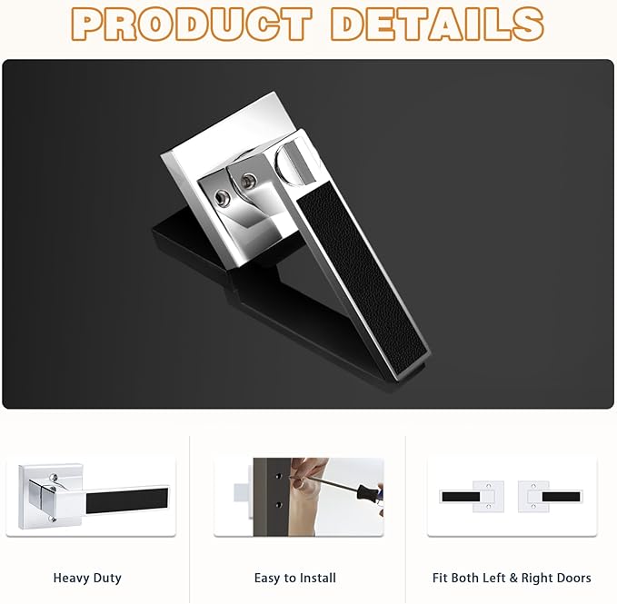 Probrico Heavy Duty Dummy Door Handle with Black Leather Hand Lever, Square Non-Turning Single Side Pull Only Lever for Closet or French Doors, Polished Chrome, 6 Pack