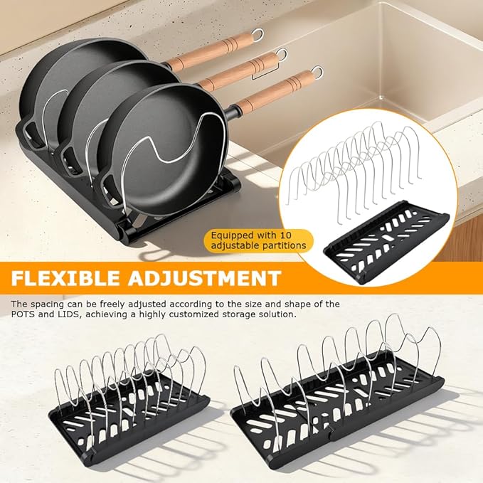 Pot and Pan Organizer, Expandable Pan Organizer for Cabinet, Pot Lid Holder with 10 Adjustable Compartments for Kitchen Cabinet Cookware Baking Frying Rack(Black)