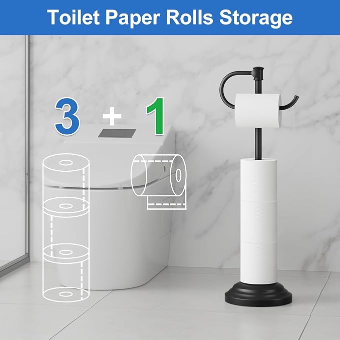 RUMOSE Toilet Paper Holder Stand for Floor, Matte Black Bathroom Free Standing Toilet Tissue Roll Holder with Storage, Adjustable 17-25 Inch, SUS304 Stainless Steel