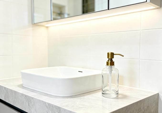 Bathroom Soap Dispenser Brushed Gold, 11 oz Glass Cylindrical Bottles with Stainless Steel Pump Liquid Hand Soap Dispenser Kitchen