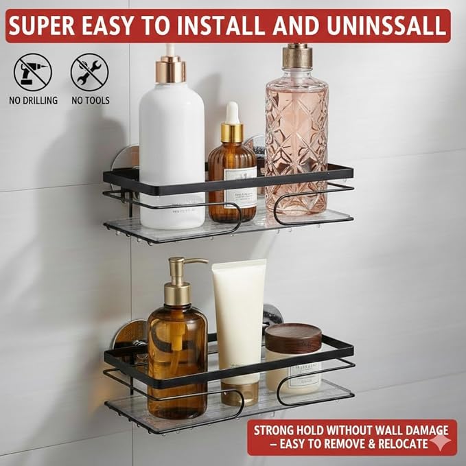 2-Pack Adhesive Corner Shower Caddy - Rustproof Bathroom Organizer with Strong Adhesives (Rectangle, Black)
