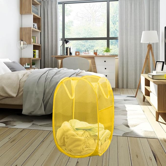 Mesh Pop up Laundry Hamper, Foldable Clothes Hamper Laundry Basket for Rooms, Apartment, College Dorm or Travel, Yellow