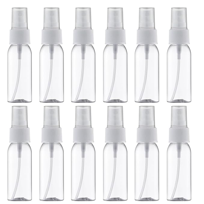 LISAPACK Plastic 1oz Spray Bottles Empty Small Mini Fine Mist Travel Size Atomizer, Tiny Sprayer for Little Perfume, Water, Cologne, Alcohol, Samples (12pcs, clear, 30ml)