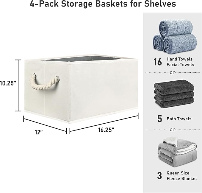 Closet Storage Bins, Linen Closet Organizers and Storage Basket for Shelves, Collapsible Shelf Baskets for Organizing Shelves, Bedroom Clothes Basket, Beige, 4 Pack