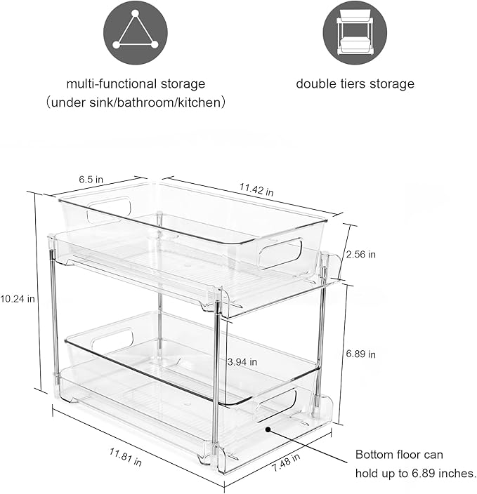 4 Pack Bathroom Organizers and Storage, 2-Tier Clear Under Sink Organizer, Vanity Counter Storage, Medicine Cabinet Organization, Pull-Out Cabinet Organizer With Track For Bathroom, Kitchen, Pantry