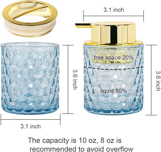 Bathroom Accessories 2 Piece Set Glass Soap Dispenser and Toothbrush Holder, 10oz Foaming Soap Dispenser, Blue Toothbrush and Toothpaste Holder Organizer Cup for Modern Bathroom Decor