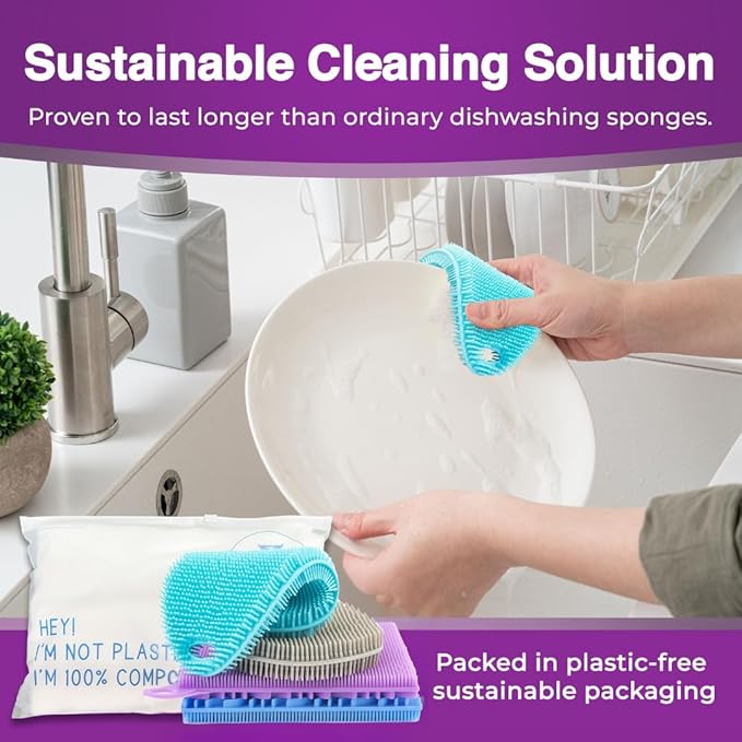 Silicone Sponges for Dishes - 4 Pack Dual-Sided Dish Scrubber - Food Grade, BPA Free Silicone Sponge & Housecleaning