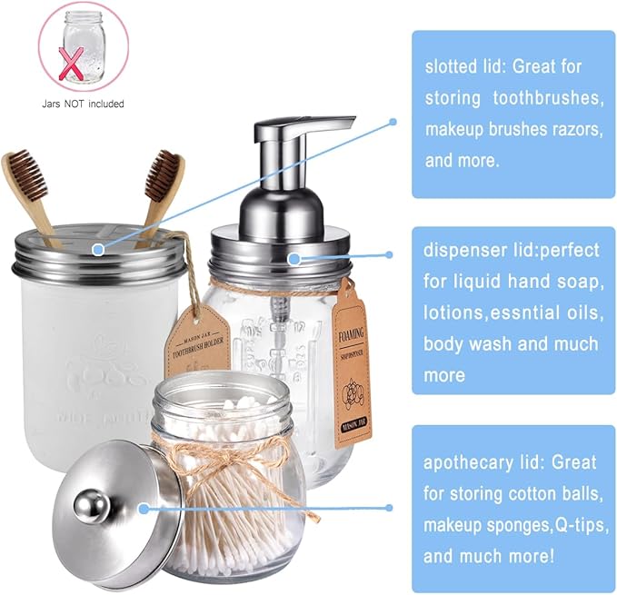 Mason Jar Bathroom Accessories Set(4pcs)-Jars Not Included - Foaming Soap Dispenser and Jars Lids for Regular Mouth jar, Wide Mouth Toothbrush Holder lid, Farmhouse Decor-Brushed Nickel