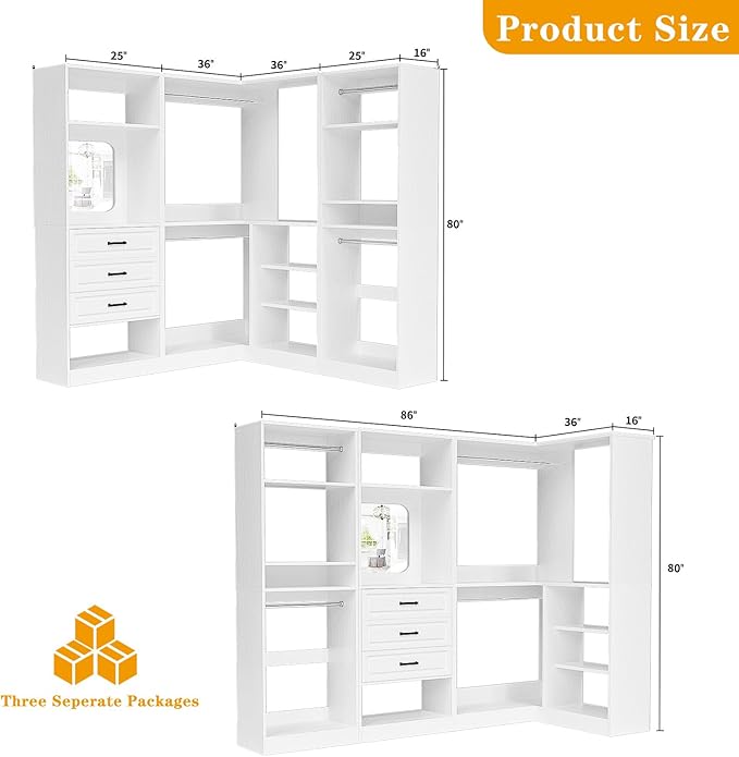 Unikito Closet System with Drawers，86” Modular Corner Closet Organizer System with Mirror，Freestanding Wood Wardrobe Organizer with Hanging Rods & Adjustable Shelves, Walk in Closet Tower, White