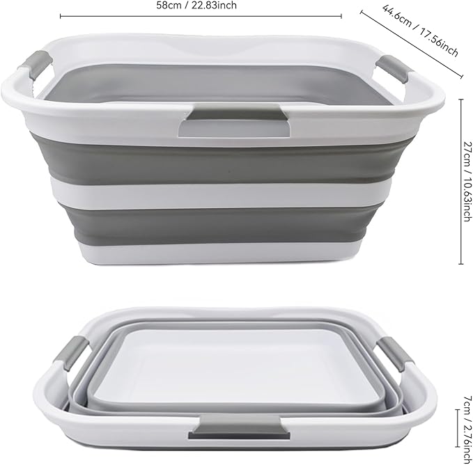 SAMMART 42 (11 Gallons) Collapsible Plastic Laundry Basket, Foldable Pop Up Storage Container/Organizer, Space Saving Hamper, Portable Bin for Dorm Room Bathroom (1, White/Grey)
