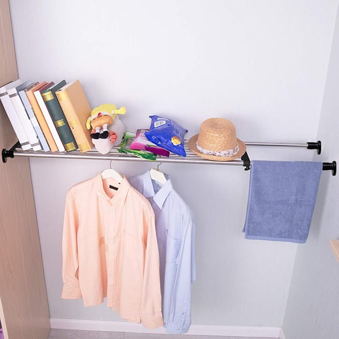 BAOYOUNI Adjustable Closet Shelf Expandable Shelves Tension Rod Hanger Space Saving Storage Rack Organizer Divider for Wardrobe, Cupboard, Kitchen, Bathroom Use, Black, 2 Pack