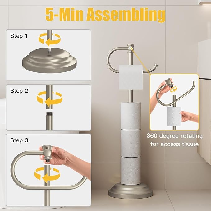 BESy Toilet Paper Holder Stand SUS 304 Free Standing Bathroom Tissue Holder with Storage Hardware Accessories Rack Hand Towel Bar Rustproof Lavatory Tissue Roll Holder Floor Modern Brushed Nickel