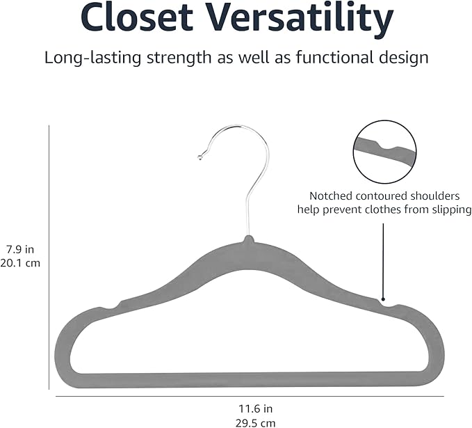Amazon Basics Kids Velvet, Non-Slip Clothes Hangers for Infant and Toddler, 11.6 inches (for Baby Clothes), Gray (Pack of 4)