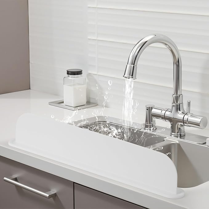 19.29 inch Silicone Sink Splash Guard, Splash Guard for Kitchen Sink Area, Backsplash Protector for Kitchen Countertop & Bathroom Bathtub with Non-Slip Strong Suction, White