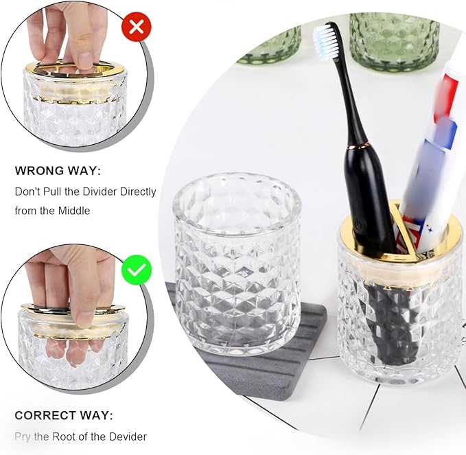 2pcs Clear Glass Toothbrush Holder, Bathroom Tumbler Cups and Toothpaste Holder Set, Tooth Brush Cup Organizer with Gold Divider, Bathroom Toothbrush Cup for Countertop Decor