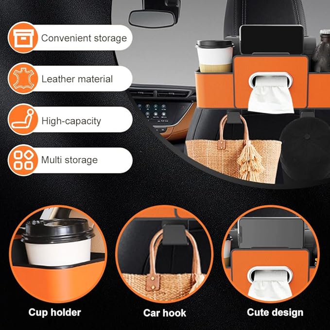 3-in-1 Car Backseat Organizer – Keep Your Ride Clean & Organized! Tissue Box, Trash Bin & Hooks,Multifunctional Back Seat Car Organizer for Hold Phones, Snacks, Drinks, and Handbags (Black)