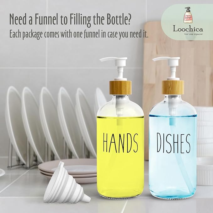 2 Pack Clear Glass Soap Dispenser with Plastic Pump, Transparent Dish and Hand Soap Dispenser Set, Refillable Reusable Apothecary Soap Pump Dispenser Bottles for Bathroom and Kitchen