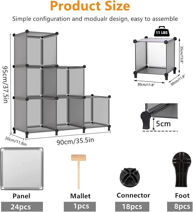 AWTATOS Cube Storage Organizer, Storage Cubes Shelves Bookshelf, 6 Cube Closet Organizers and Storage, DIY Stackable Plastic Clothes Organizer Shelving for Bedroom, Home, Grey