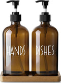 ALELION Amber Dlass Soap Dispenser for Kitchen - 16 OZ Hand and Dish Soap Dispenser Set with Acacia Wood Tray - for Kitchen Decor and Accessories