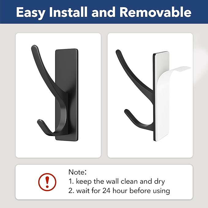 pickpiff Self Adhesive Coat Hooks for Hanging: Heavy Duty Stainless Wall Hook for Towel, Utensil, Backpack, Hat, Sturdy Metal Hanger for Bathroom, Kitchen, Door, 6-Pack, Matt Black