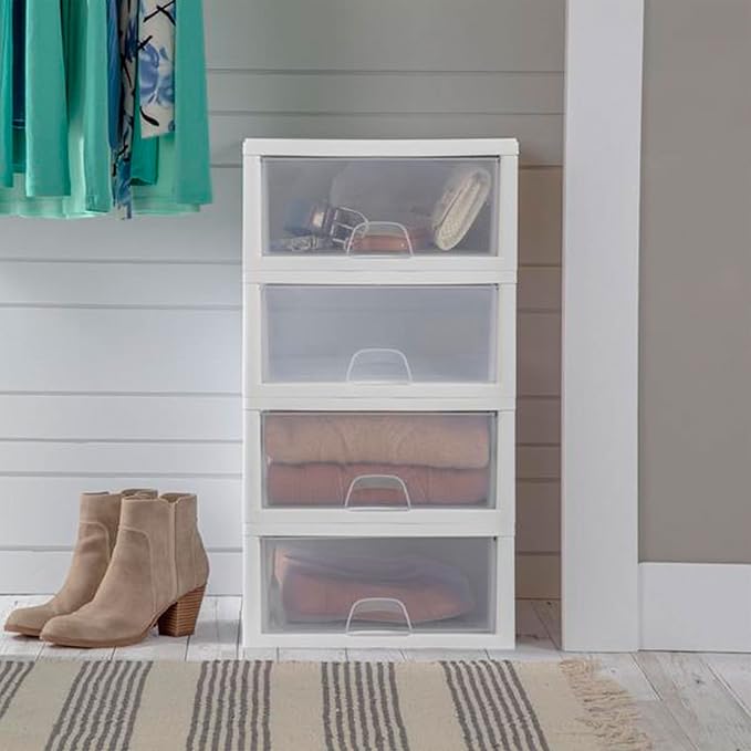 Sterilite 24-Pack 16 Quart Stacking Drawer, Clear Storage Closet Organizer, White Frame - Stackable Modular Plastic Drawers for Clothes, Accessories, Craft Supplies, Shoes or Linens
