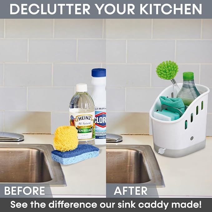 Sink Caddy Sponge Holder, Dish Soap Organizer for Kitchen Sink with Removable Compartment and Non-Slip Base for Brushes Scrubber Drainers, Drain Holes for Sanitary Drying Premium ABS