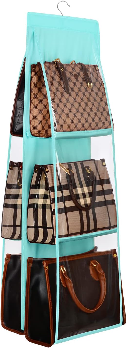 Lirex Medium and Large Handbag Hanging Organizer, 6 Pockets Foldable Hanging Purse Organizer Oxford Cloth Handbag Storage Hanger Universal Fit Closet Organizer for Family Closet Bedroom, Light Blue