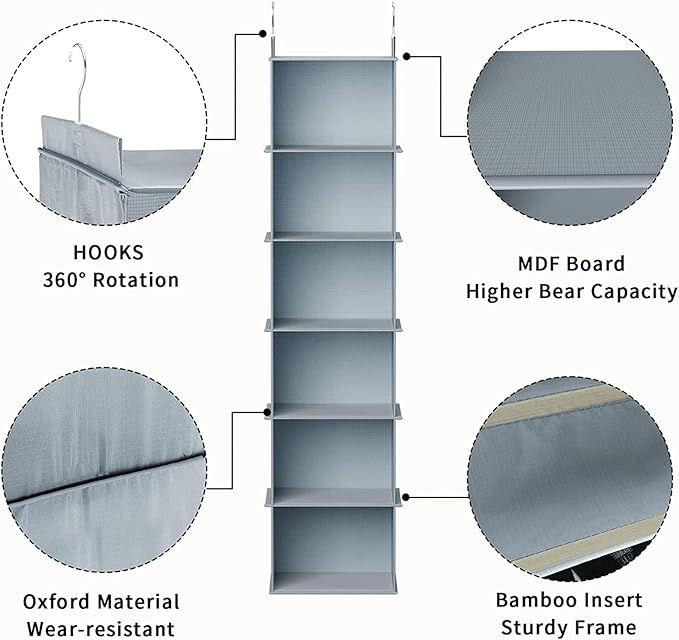YOUDENOVA Hanging Closet Organizer, 6-Shelf Closet Hanging Shelves, Grey