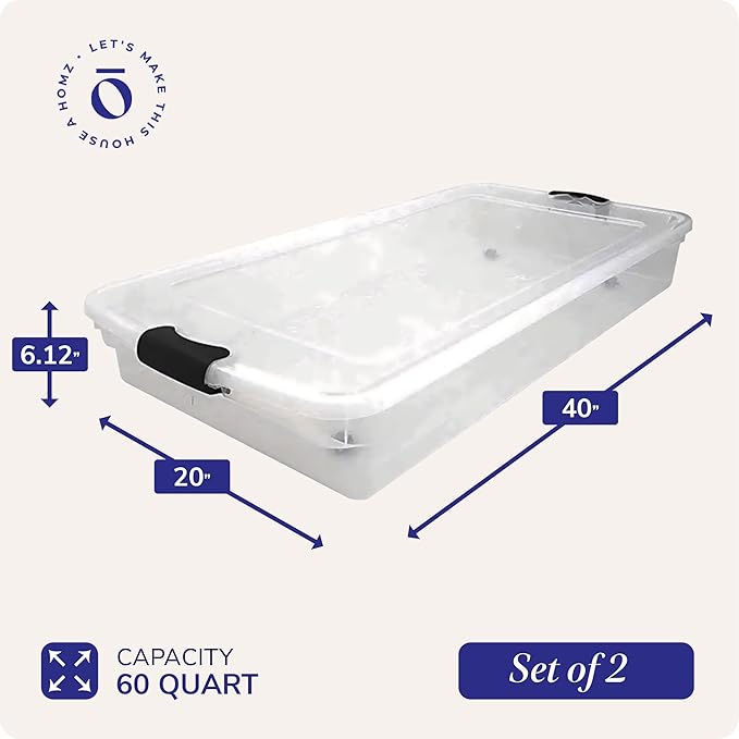 HOMZ 2-Pack Under Bed Storage, Clear Plastic Containers with Lids, 60 Quart, Gray Latch - Stackable Underbed Organizer Bins for Shoes, Bags, Clothes, and Towels