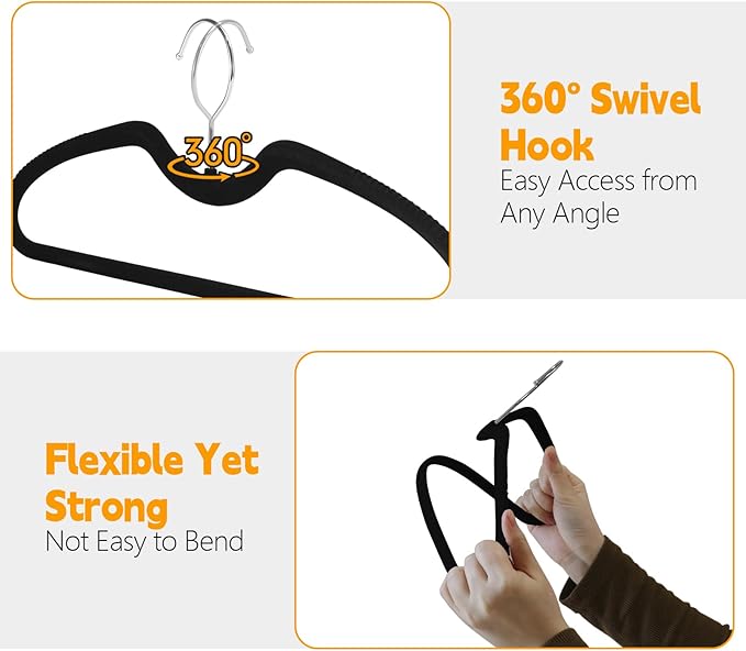 30 Pack Velvet Hangers, Short Neck Non Slip Slim Hangers with 360° Swivel Hook, Space Saving Clothes Hangers for Shirts, Dresses, Sweaters, Black