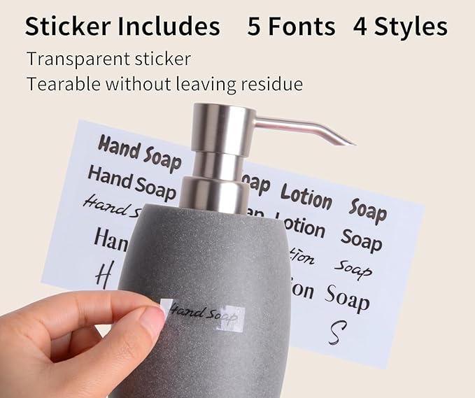 Sandstone Textured Resin Soap Dispenser with Metallic Pump and Waterproof Bottle Labels for Bathroom Kitchen Dish Hand Wash Shower Lotion Shampoo, 12 Oz, 2 Sets Gray